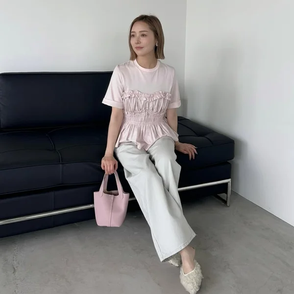 Casual Pink Ruffled Peplum and Wide-Leg Denim