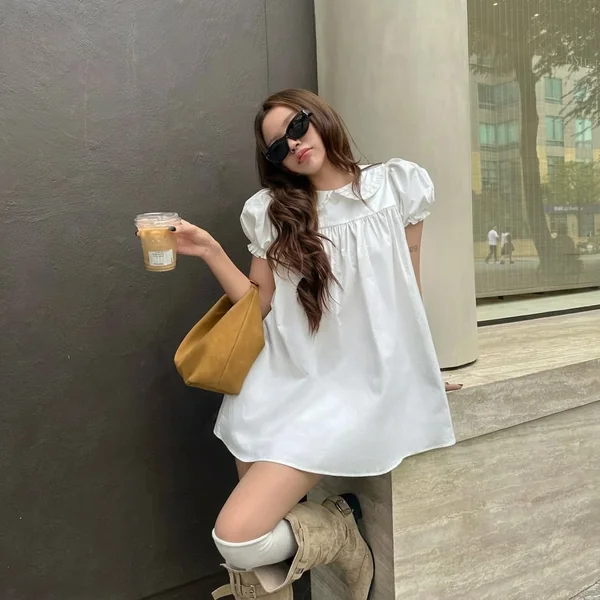 Puff-Sleeve White Babydoll Top