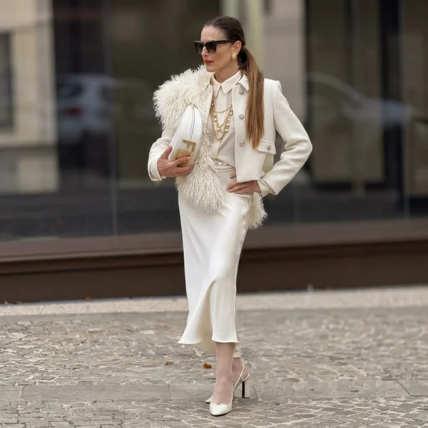 Monochromatic Layering with a White Satin Skirt