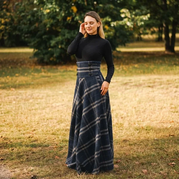 Plaid Wool Maxi Skirt with Turtleneck