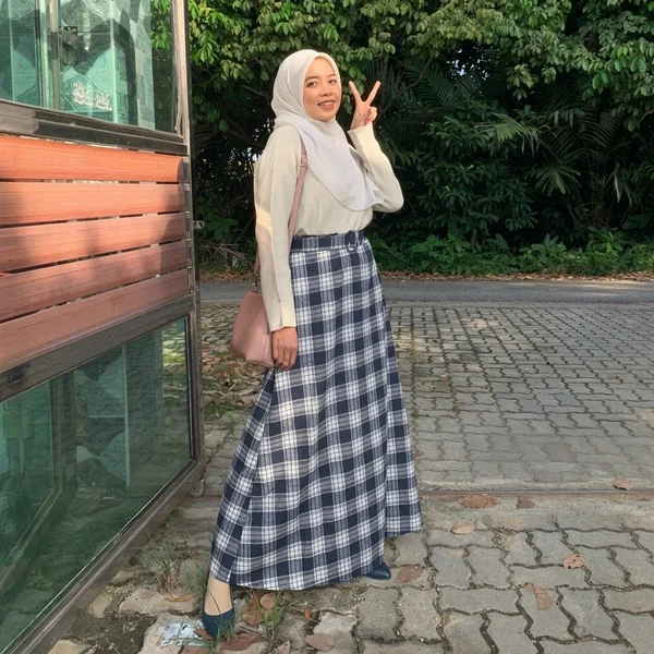 Navy Plaid High-Waisted Maxi Skirt
