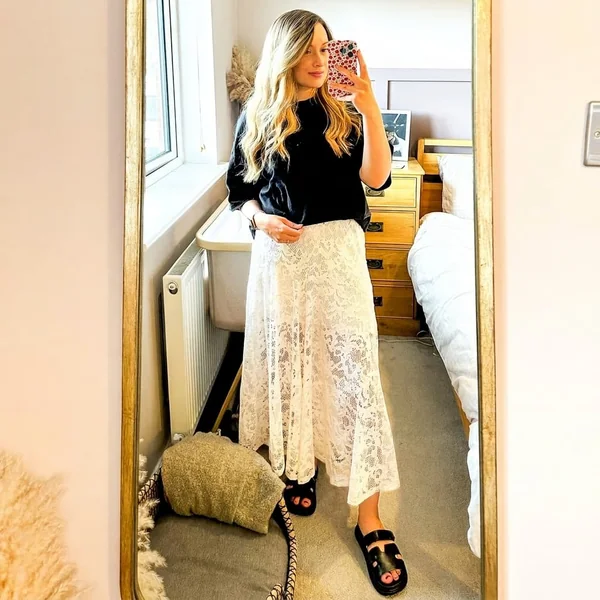 A-Line Lace Midi Skirt with Casual Black Tee