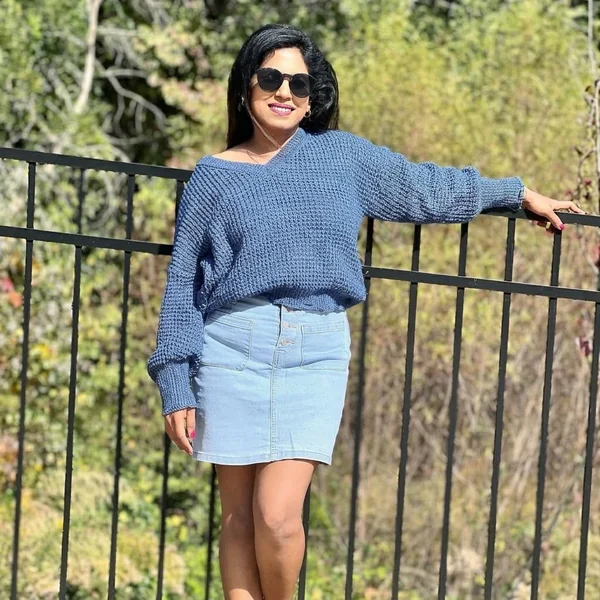 Light-Wash Denim Mini Skirt with Chunky Waffle Knit