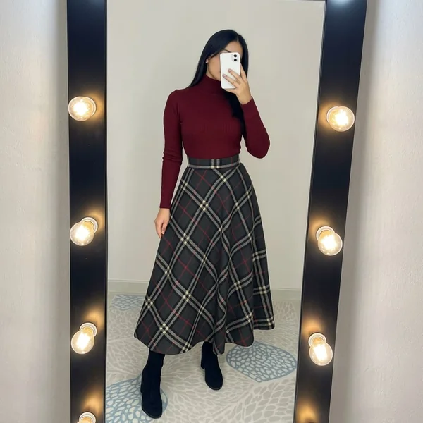 Burgundy Turtleneck and Plaid Maxi Skirt