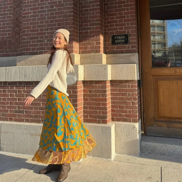 Patterned Silk Maxi & Cozy Cable Knit