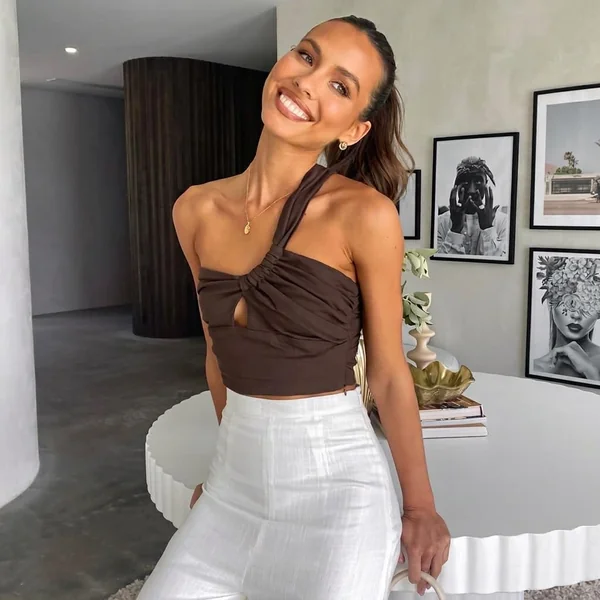 Brown Asymmetric Crop Top and White Linen Trousers