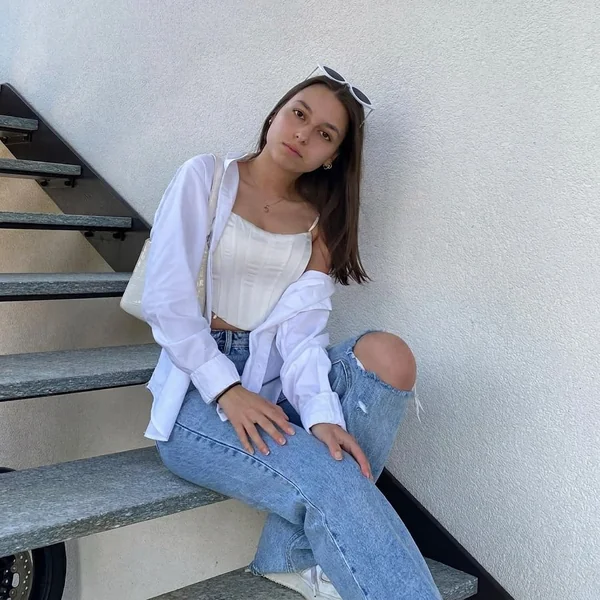 White Satin Corset Top with Distressed Denim