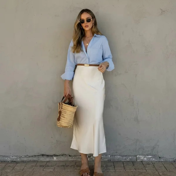 Button-Down Shirt and White Satin Skirt