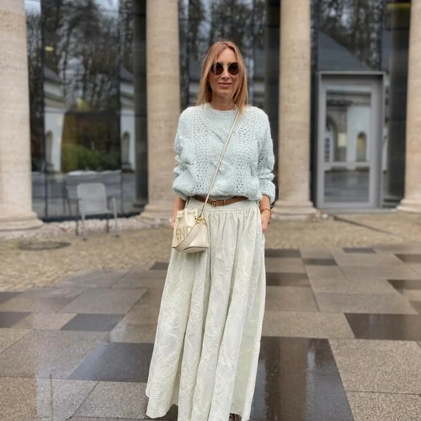 Textured Brocade Maxi Skirt and Cable Knit Sweater