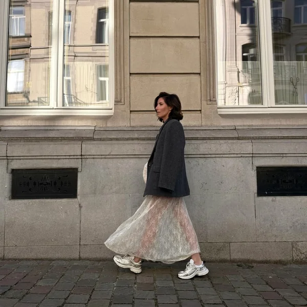 Sheer Lace Maxi Skirt with Oversized Wool Blazer