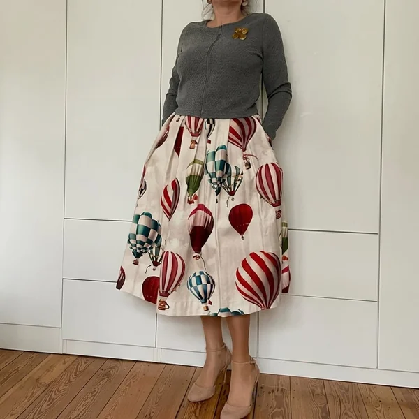 Grey Cardigan and Hot Air Balloon Midi Skirt