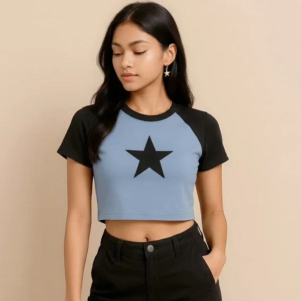 Muted Blue Raglan Star Crop Top and Cargo Pants