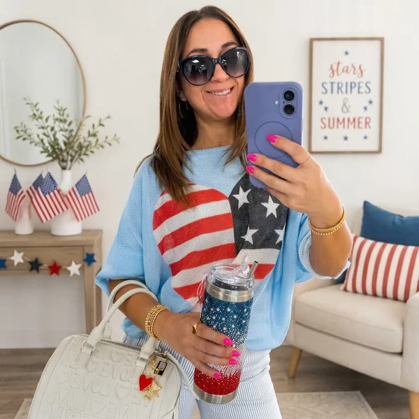 Light Blue American Flag Sweater and Seersucker Pants