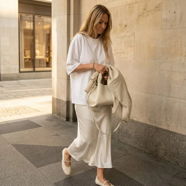 Oversized Tee and White Satin Skirt