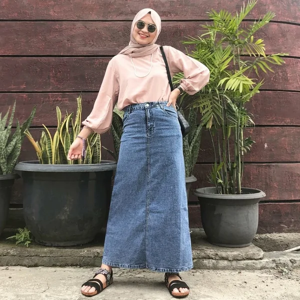 Medium-Wash Denim Maxi Skirt with Modest Blouse and Hijab