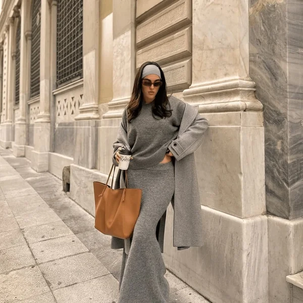 Monochrome Knit Maxi Skirt and Long Coat