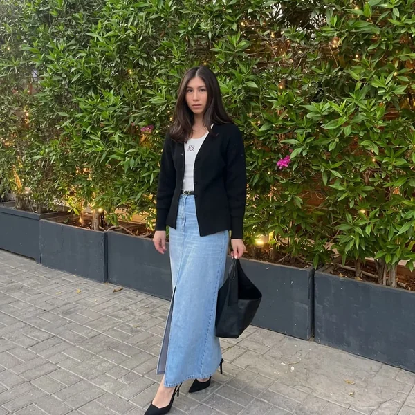 Light-Wash Denim Maxi Skirt with Black Knit Cardigan