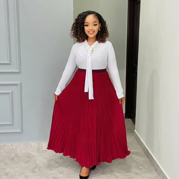 Burgundy Pleated Maxi with Tie-Neck Blouse