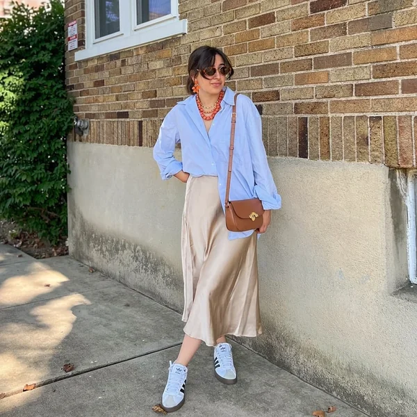 Champagne Satin Midi & Oversized Button-Down