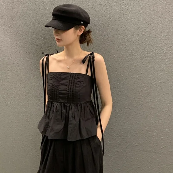 Tie-Strap Peplum Tank and Black Wide-Leg Trousers