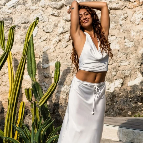 White Cowl-Neck Halter with Satin Maxi Skirt