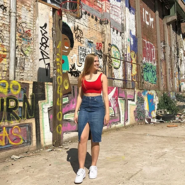 High-Waisted Denim Midi Skirt with Red Crop Top