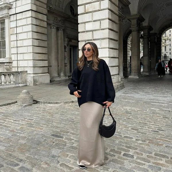 Satin Slip Maxi Skirt and Oversized Sweater