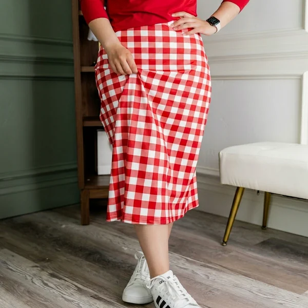 Red Gingham Midi Skirt with Sneakers