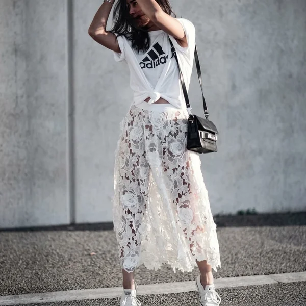 3D Floral Lace Midi Skirt with Graphic Sporty Tee