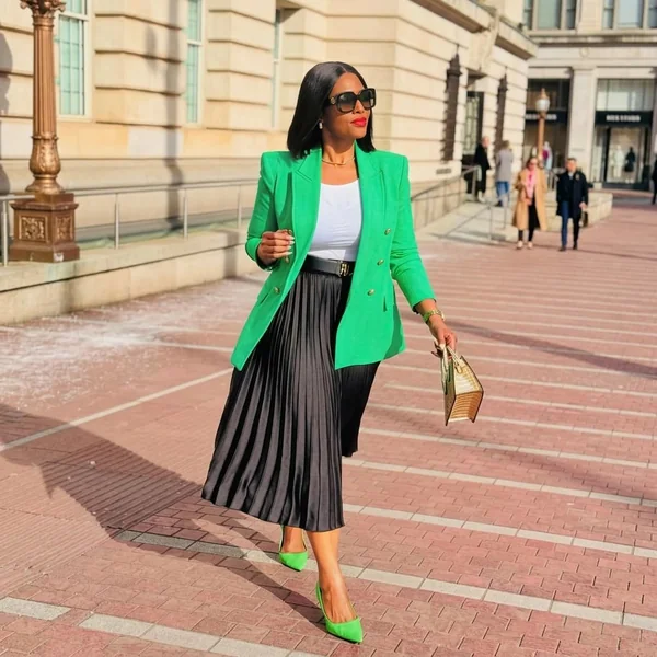 Black Pleated Midi with Vibrant Green Blazer