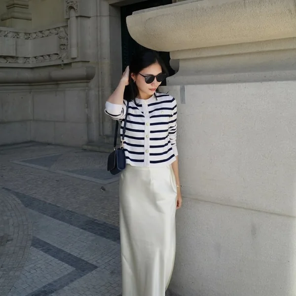 Ivory Satin Maxi & Striped Cardigan