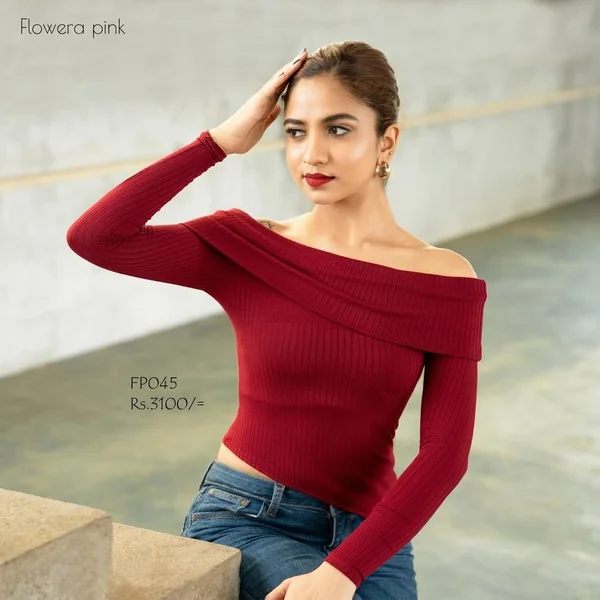 Deep Red Off-the-Shoulder Ribbed Crop Top