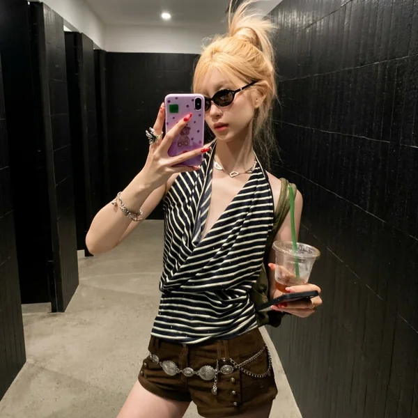 Striped Draped Halter with Corduroy Shorts