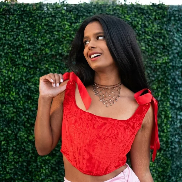 Tie-Strap Red Jacquard Corset Top