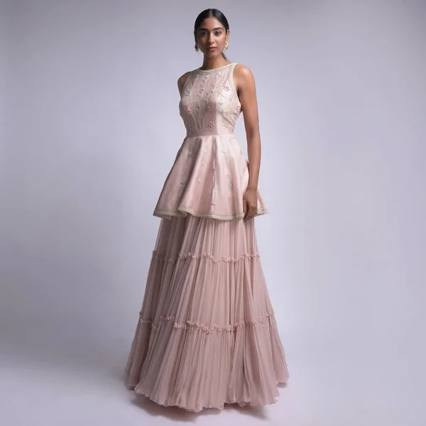 Pastel Pink Silk Peplum with Tiered Tulle Lehenga