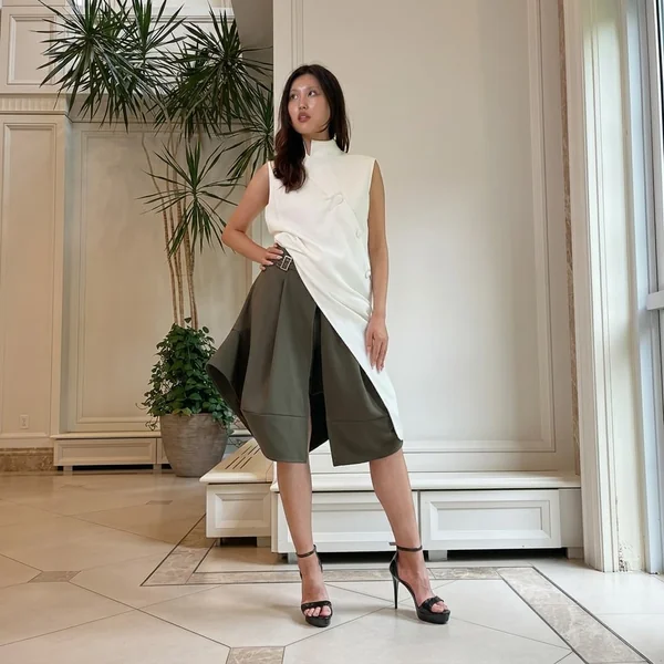 White Asymmetric Tunic and Olive Sculptural Skirt