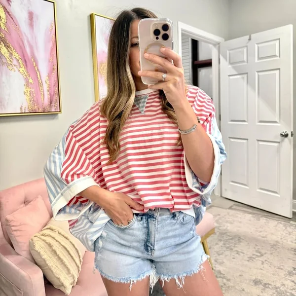 Striped Oversized Pullover and Distressed Denim Shorts