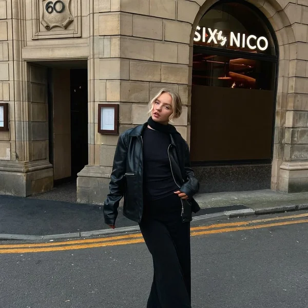 All-Black Ribbed Maxi Skirt and Leather Jacket