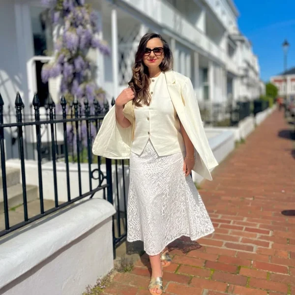 Lace Midi Skirt with Tailored Vest and Blazer