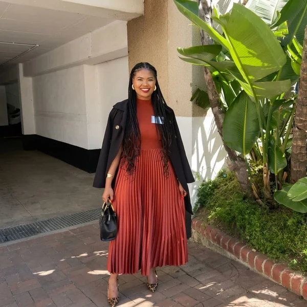 Terracotta Pleated Maxi Dress with Black Trench