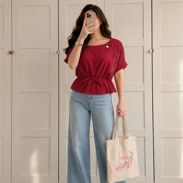 Drawstring Red Peplum Blouse with Wide-Leg Jeans