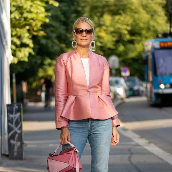 Rose Pink Satin Peplum Blazer and Light-Wash Jeans