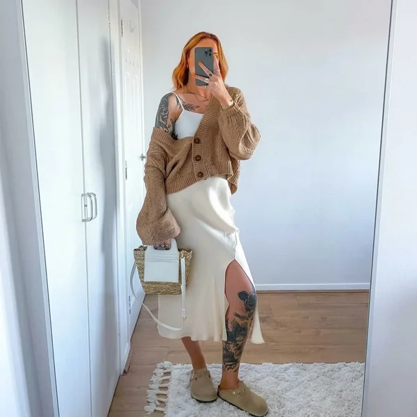 Slouchy Cardigan and White Satin Skirt