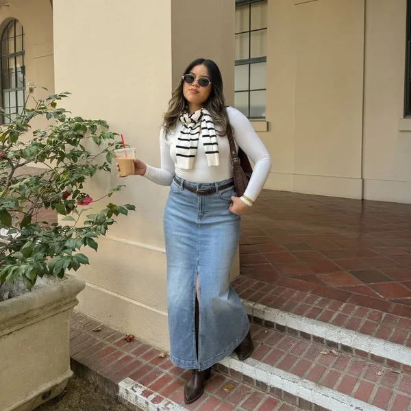 White Top & Light Wash Denim Maxi Skirt