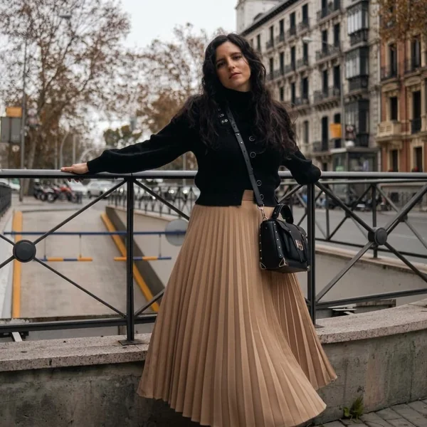 Pleated Camel Maxi Skirt and Buttoned Cardigan