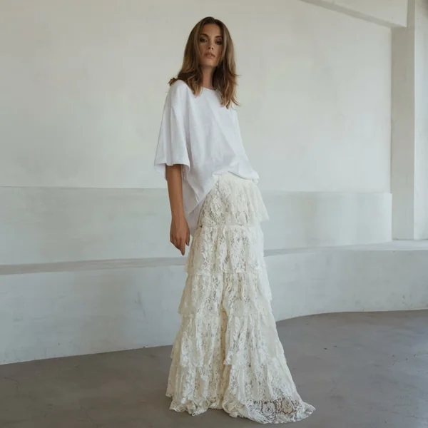 Tiered Lace Maxi Skirt with Oversized White Tee