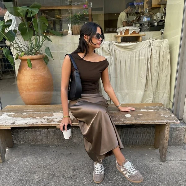 Taupe Brown Satin Maxi Skirt