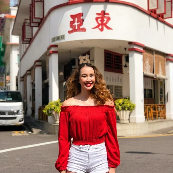 Off-The-Shoulder Smocked Red Top with White Denim Shorts