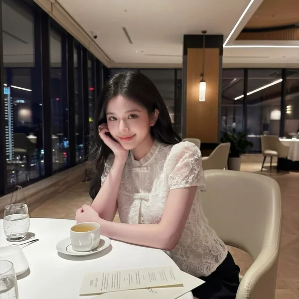 White Mandarin-Collar Lace Top with Black Skirt