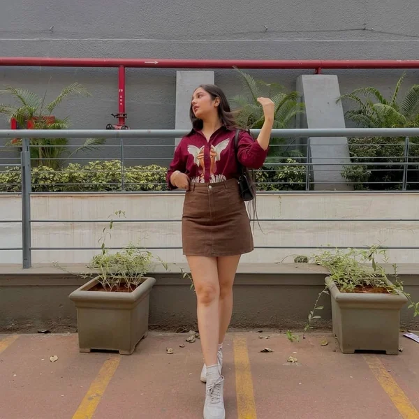 Graphic Button-Down and Denim Brown Mini Skirt